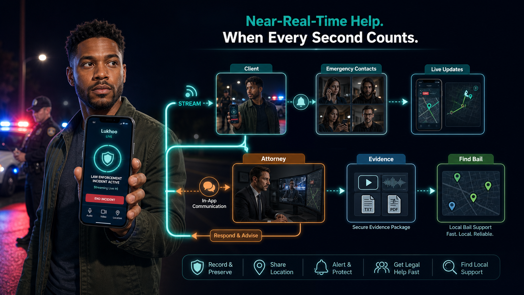 Lukhoo flow graphic showing a citizen activating Lukhoo during a law enforcement incident while emergency contacts, an attorney, evidence, and bail support connect in near real time